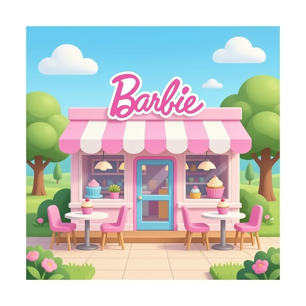 A sweet Barbie-style pastel cupcake café with out view emoji