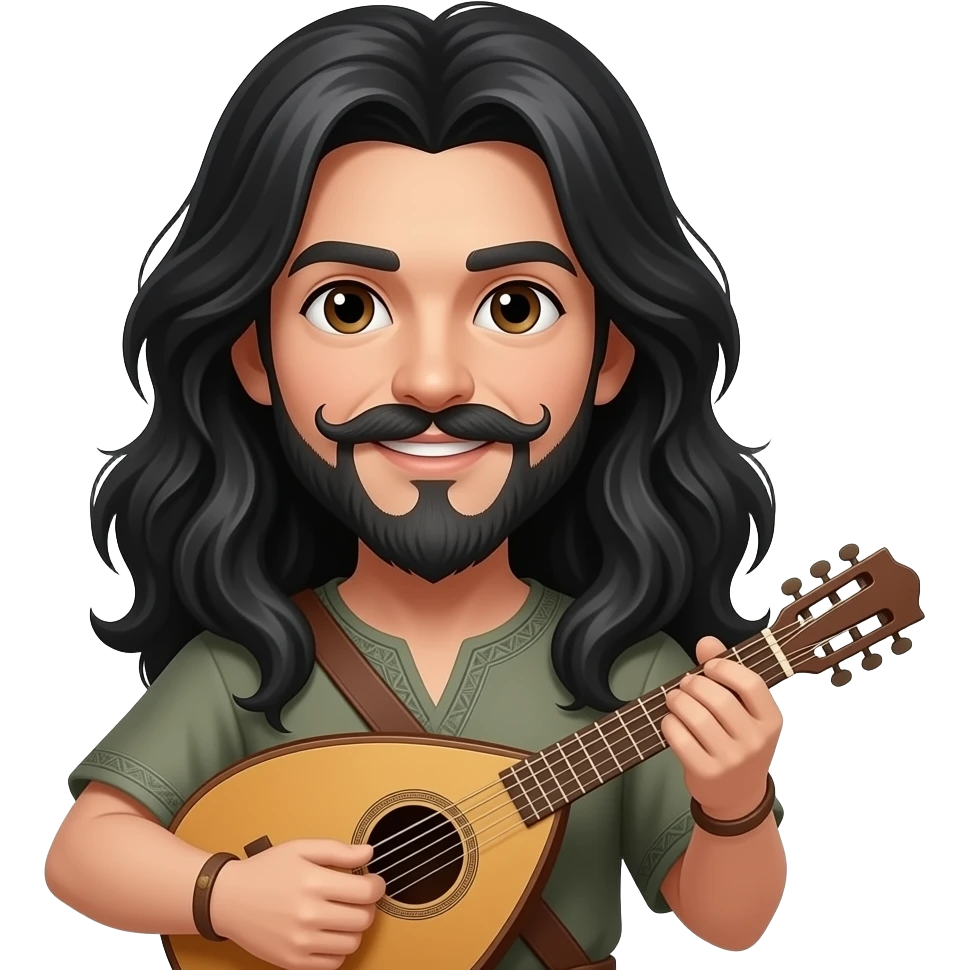 Beautiful Happy Bard with long hair, Handlebar mustache, pointed goatee and a lute emoji