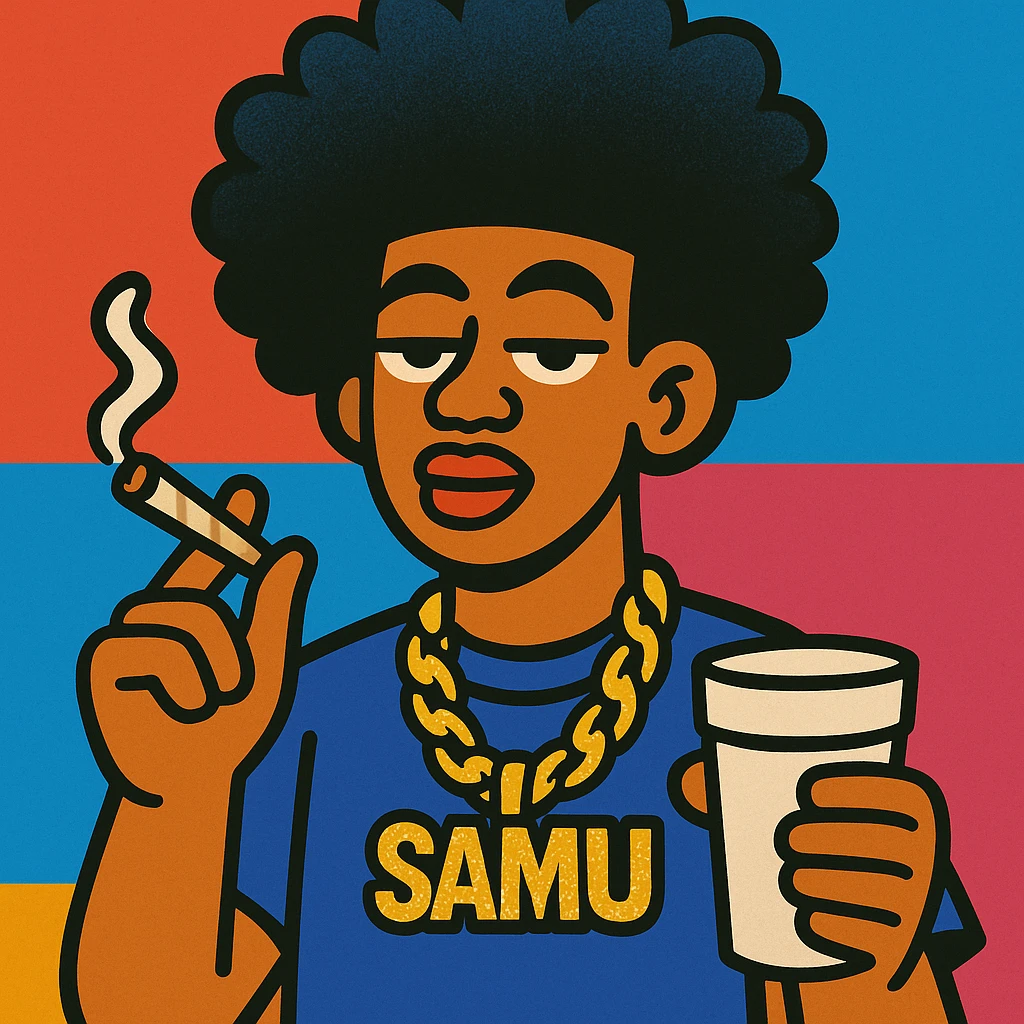 person with a high curly afro, sparkling 'samu' chain, holding a styrofoam cup and a joint, colorful urban art style emoji