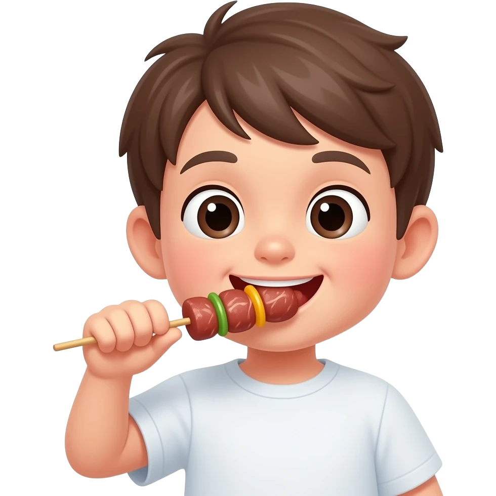 ребенок  ест мясо на шампуре emoji