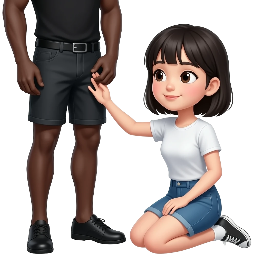 Asian girl kneeling before a black guy showing his penis emoji