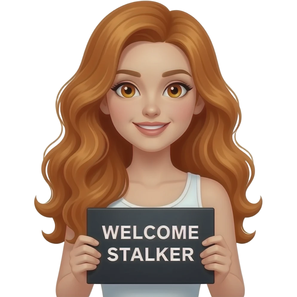 sexy girl with long wavy ginger hair and ginger eyes wearing a white tanktop is holding a black colored sign with WELCOME STALKER written on it emoji