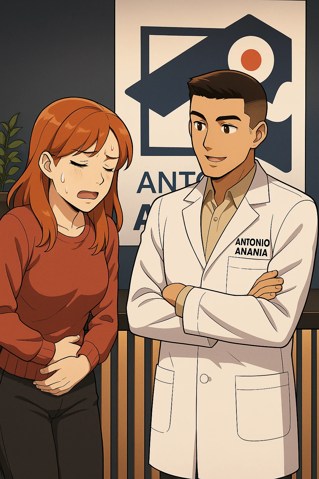 su questo stile fai un manga/webtoon a colori in cui una donna che parla esasperata dal suo problema, l'uomo della foto in stile manga gli risponde, mantieni un ambiente simile alla foto che ho allegato con il suo logo (sarebbe il suo studio, lui è un kinesiologo), scrivigli "ANTONIO ANANIA" sul camice bianco, non mettere fumetti, ma fai in modo che sembri che la donna chiede una cosa e l'uomo risponde alla sua domanda emoji