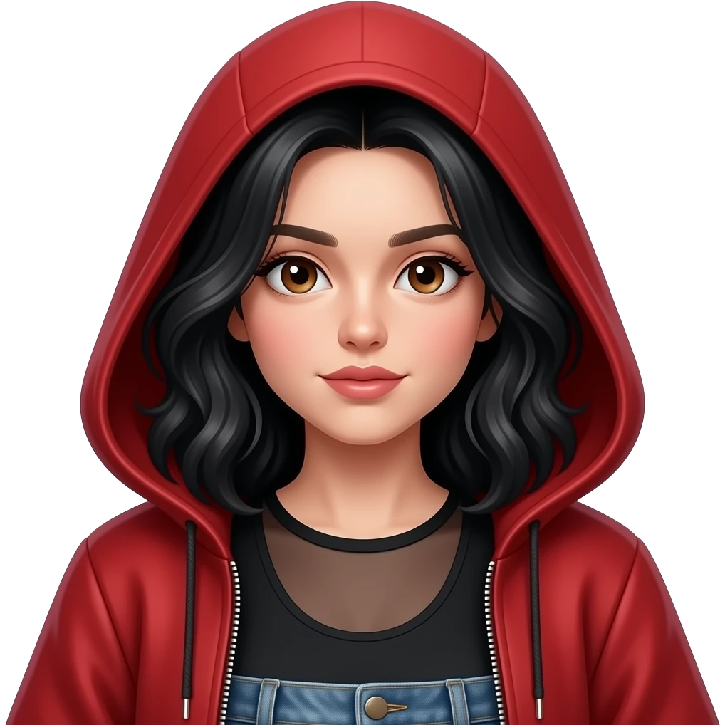 Pale girl with wavy jet black hair and brown eyes, head plunged into the hood of a red ford mustang 1968 coupe. Girl wearing a sheer black sleeveless top, low rounded neckline, jeans and heels with visible toes. emoji