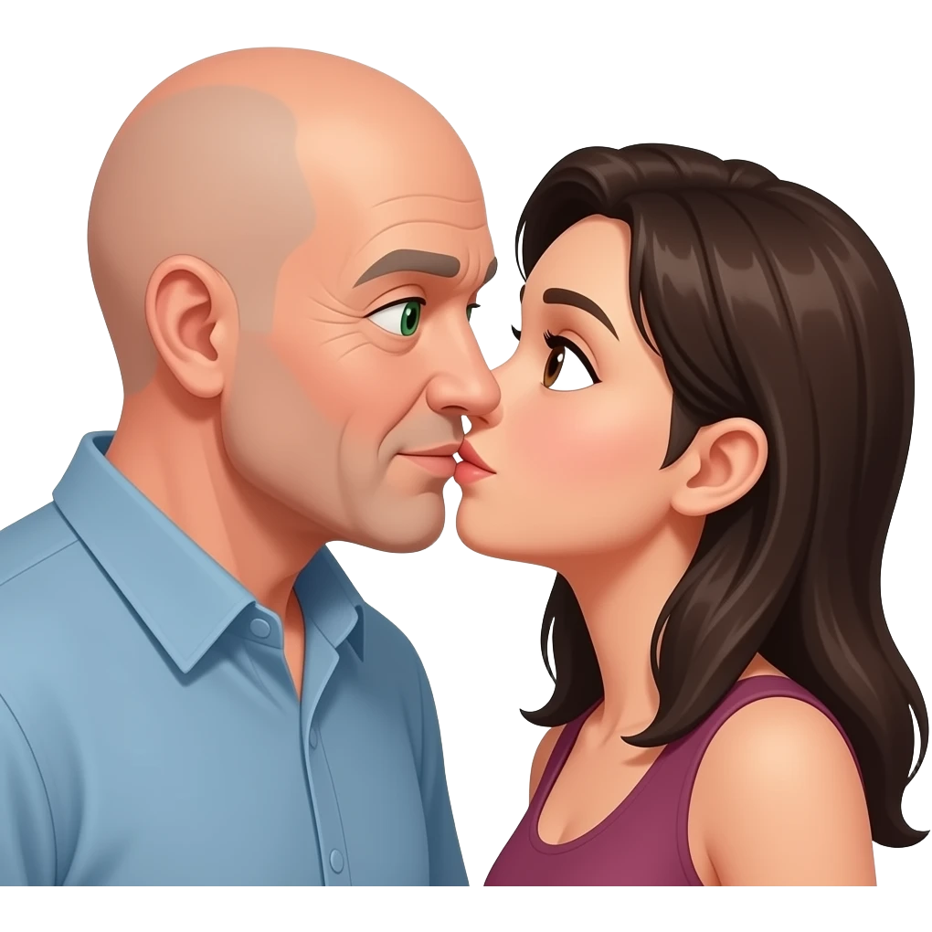 Middle age, bald man withgreen eyes, kissing a dark haired woman with brown eyes emoji