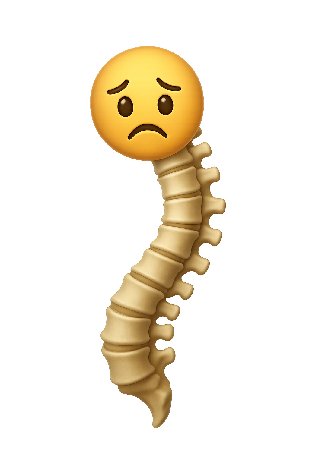 emoji stile iphone di una spina dorsale storta con espressione triste, iperrealistico 4k, isolato su sfondo bianco emoji