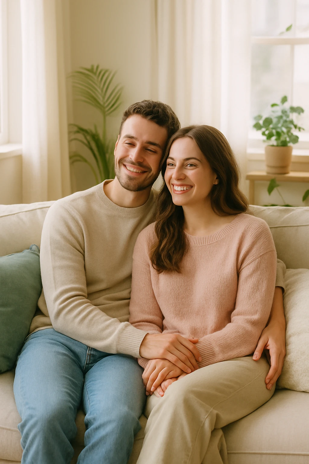 Vertical format: couple sitting together on a sofa, smiling and relaxed, room full of light, details suggesting serenity and well-being. emoji
