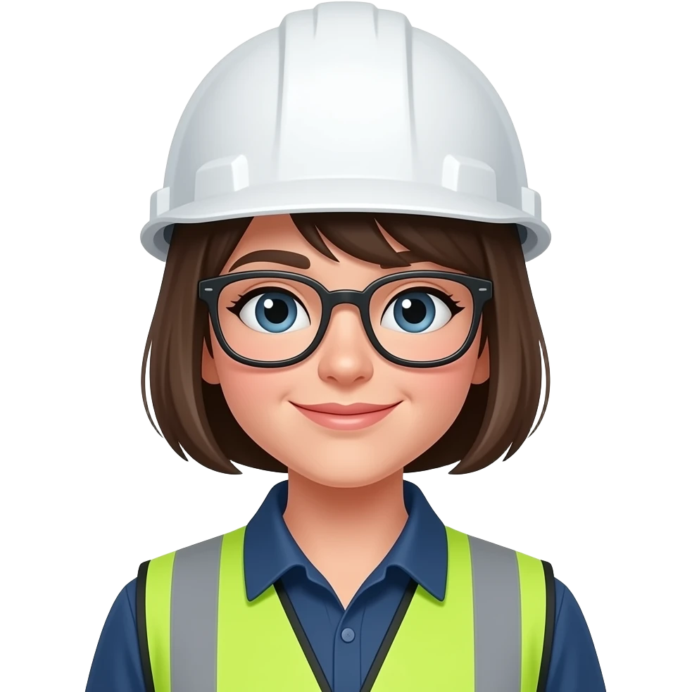 short hair girl with eyeglass engineer with white hardhat, with reflector suit emoji