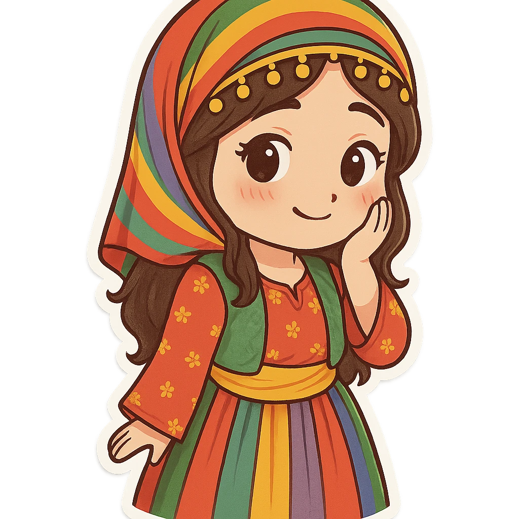 Cartoon sticker of a Kurdish woman wearing traditional colorful and cheerful Kurdish female clothing, face showing a shy expression, one hand on the face, shy smile (matching the reference pose), no shadow or color halo around the image, no text, suitable for WhatsApp and Instagram, with a completely transparent background. emoji