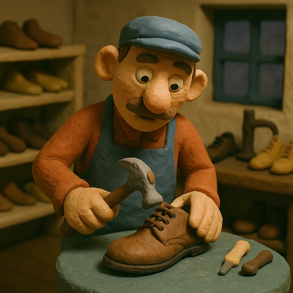 shoemaker in an old-fashioned workshop, claymation style emoji