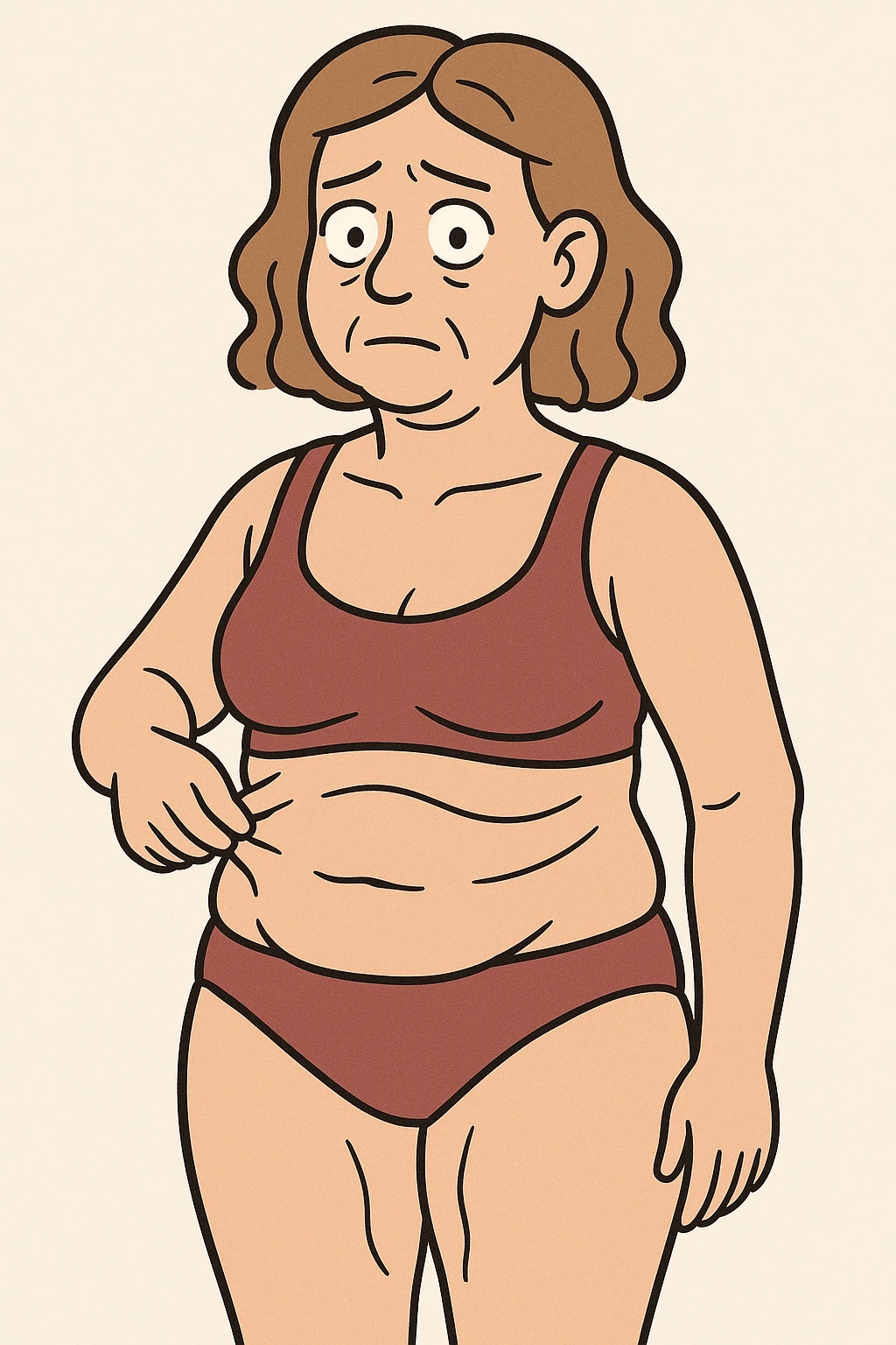 woman with skin flaccidity, soft cartoon style, neutral expression, loose skin on arms and abdomen, light background emoji