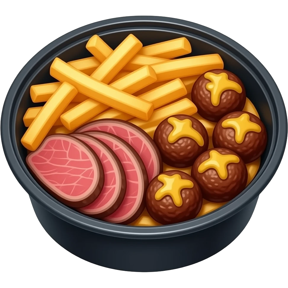 french fry and meat and meatballs all mixed together with mustard sauce in a black round plastic box emoji