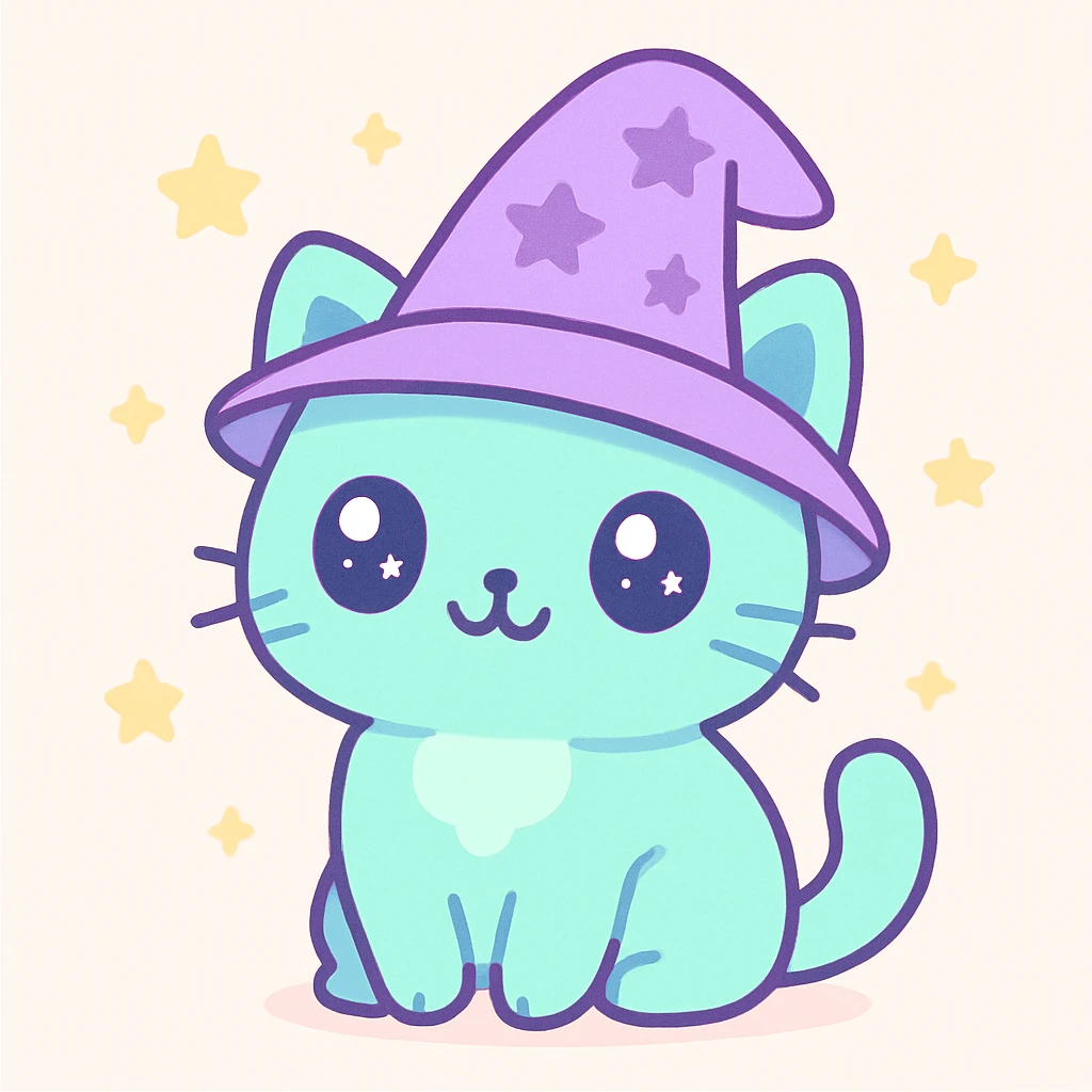 magical cat, kawaii style, wizard hat, starry background emoji
