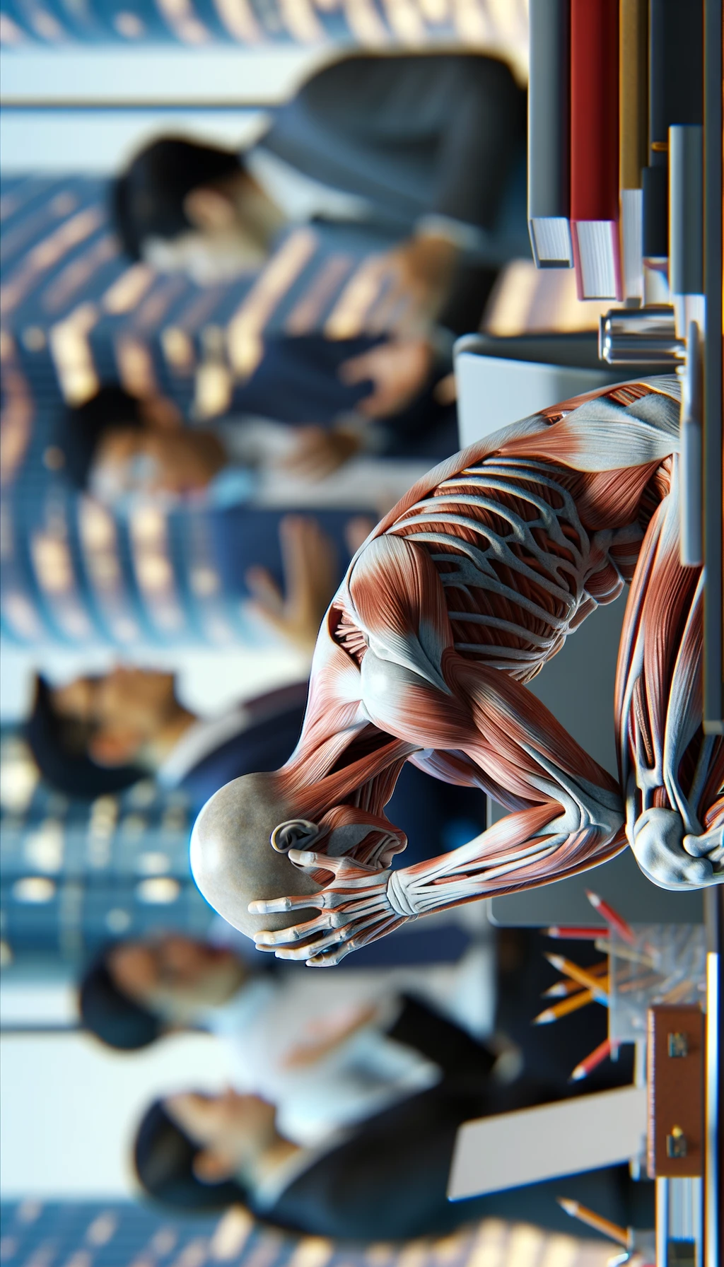 CORPO UMANO ANATOMICO SEDUTO IN UFFICIO CON PERSONE SFOCATE SULLO SFONDO CHE GLI PARLANO E LO ASSILLANO, LUI SI TIENE LE MANI SULLA TESTA ED è MOLTO STANCO E STRESSATO, IPERREALISTICO 4K emoji
