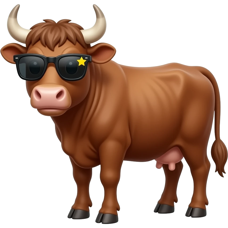 a whole body of brown wagyu cow but look at camera with a little smile but look cool and wear sunglasses with lettle yellow  wink / star  on right side of the edged of  glasses emoji