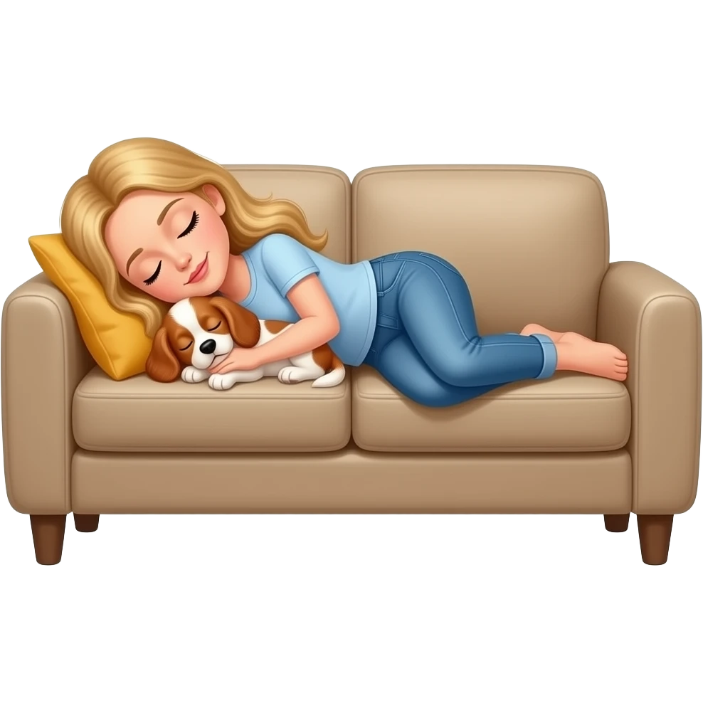 White woman with Long blond hair sleeping on sofa with a sleeping White/red cockerspaniel puppy emoji