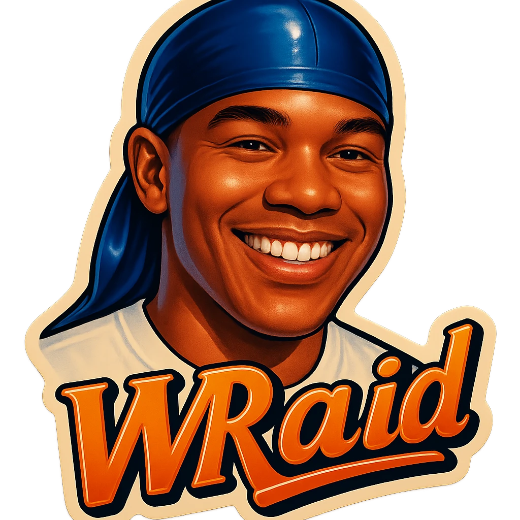 Smiling no teeth
make his shirt white
Change His durag To BLUE
Make it say "  W Raid " emoji