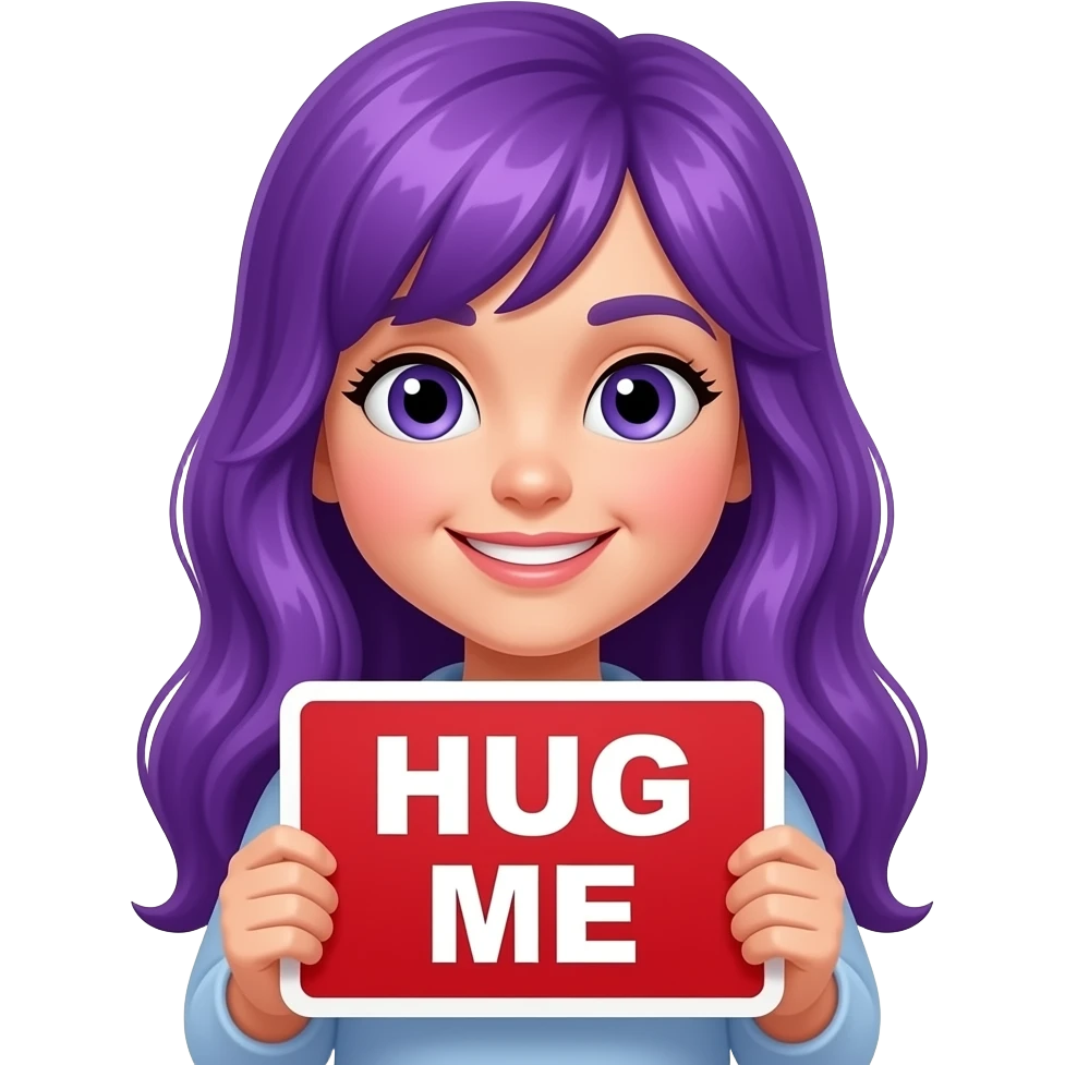 girl with long purple hair holding a HUG ME sign emoji