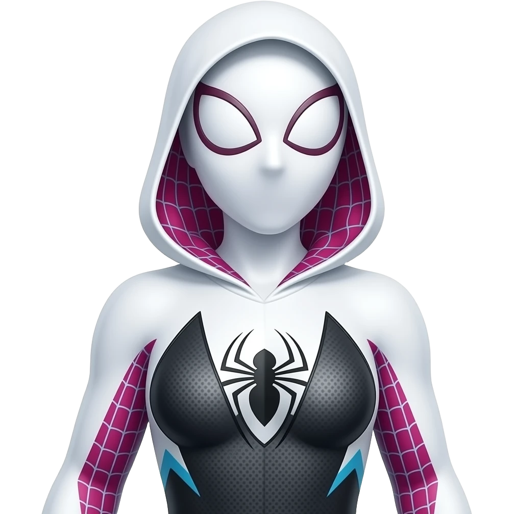 full standing spider gwen in proper  spiderman suit with mask AND SPEAKING ( right side angle) emoji