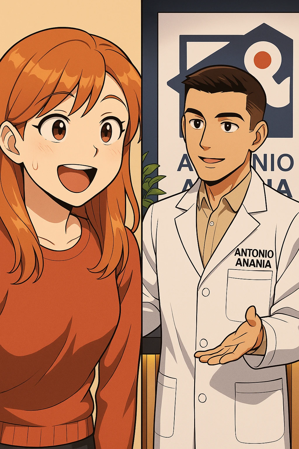 su questo stile fai un manga/webtoon a colori in cui C'è UNA STRISCIA CON FOCUS SUL VOLTO DELLA donna CON ESPRESSIONE DI STUPORE CHE ESCLAMA UNA COSA FELICE, MENTRE NELLA STRISCIA A DESTRA SI VEDE, l'uomo della foto in stile manga LE SPIEGA CHE DEVE PROVARE LA SUA VALUTAZIONE MEDICA, mantieni un ambiente simile alla foto che ho allegato con il suo logo (sarebbe il suo studio, lui è un kinesiologo), scrivigli "ANTONIO ANANIA" sul camice bianco, non mettere fumetti, ma fai in modo che sembri che la donna CHIEDA E  l'uomo RISPONDA emoji