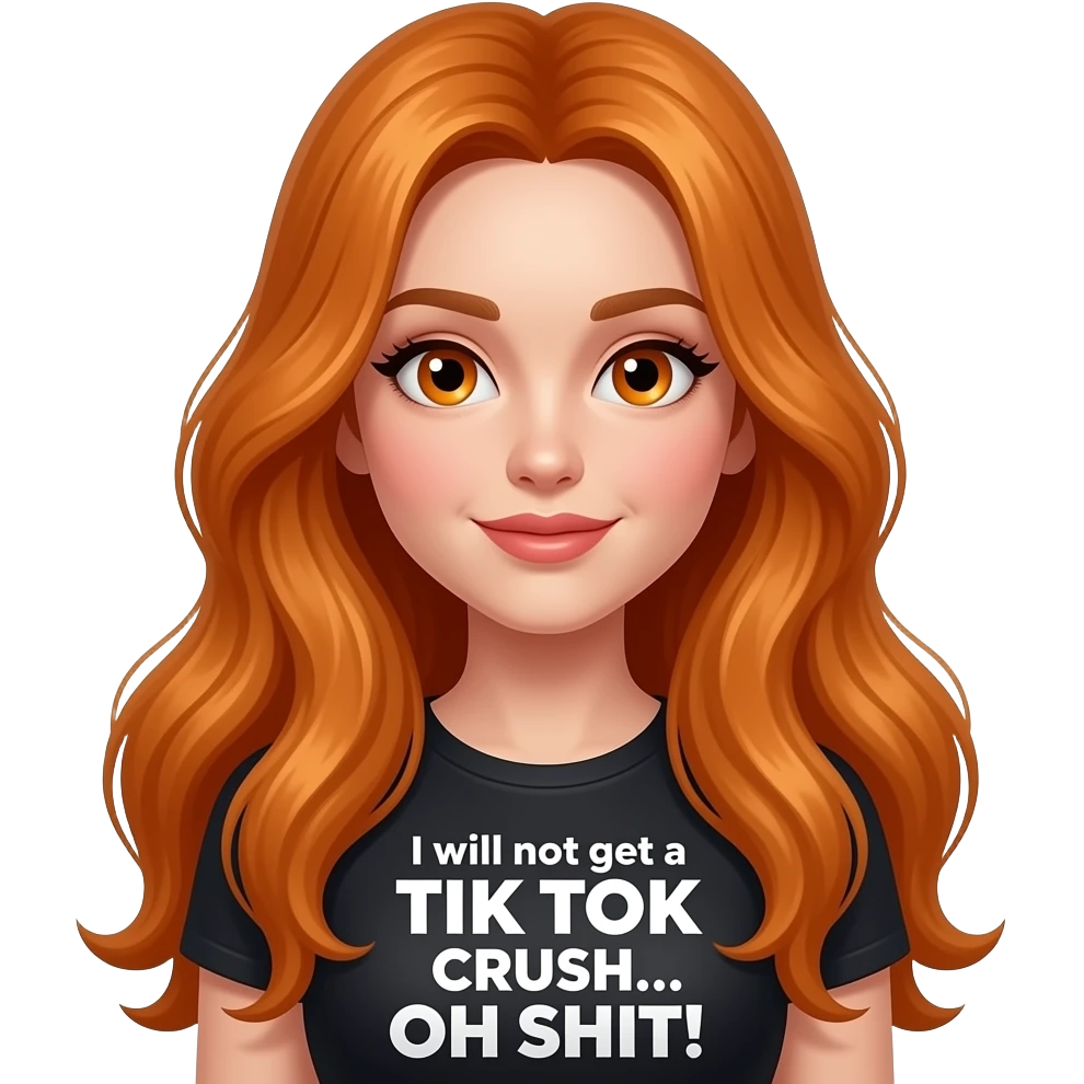 sexy girl with overlong ginger hair and ginger eyes a top with I will not get a TIK TOK CRUSH... OH SHIT! written on it emoji