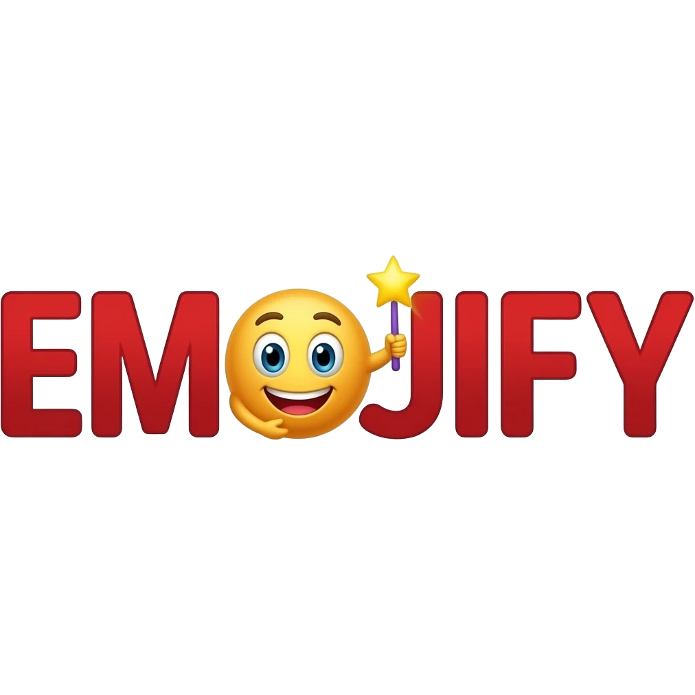 Red text "EMOJIFY" is stretched in height and width. Letter "O" is a smiley face with a magic wand. Transparent background. emoji