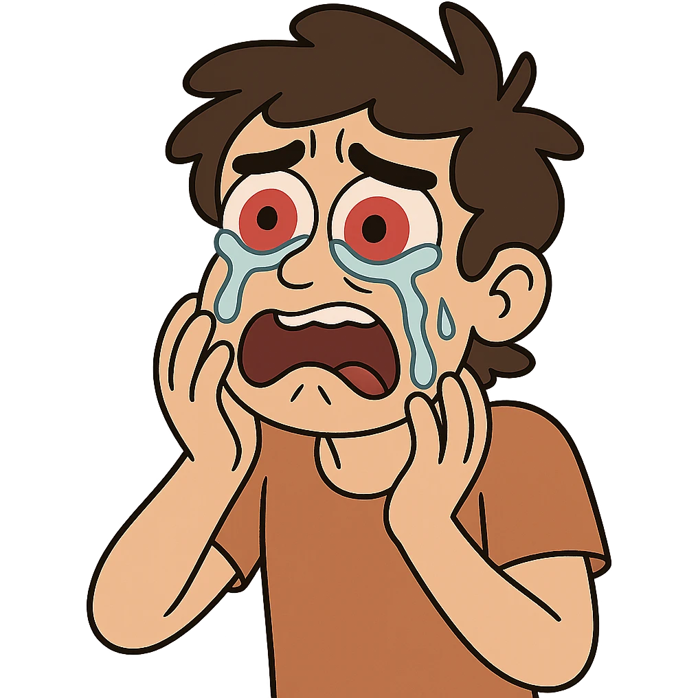 a person with wide, red eyes and tears streaming down, hands near face, showing pain from vinegar in the eyes, cartoon style emoji