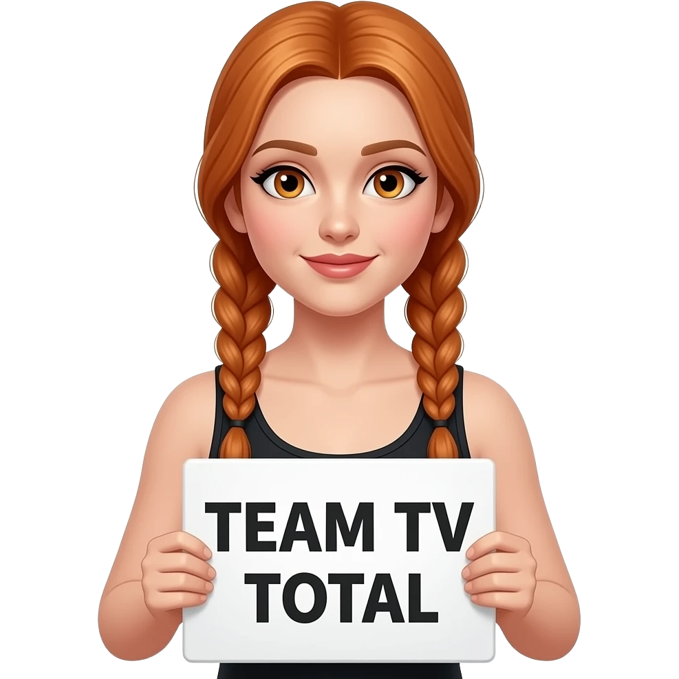 sexy girl with long ginger braids and ginger eyes wearing a black tanktop is holding a white sign with TEAM TV TOTAL written on it emoji