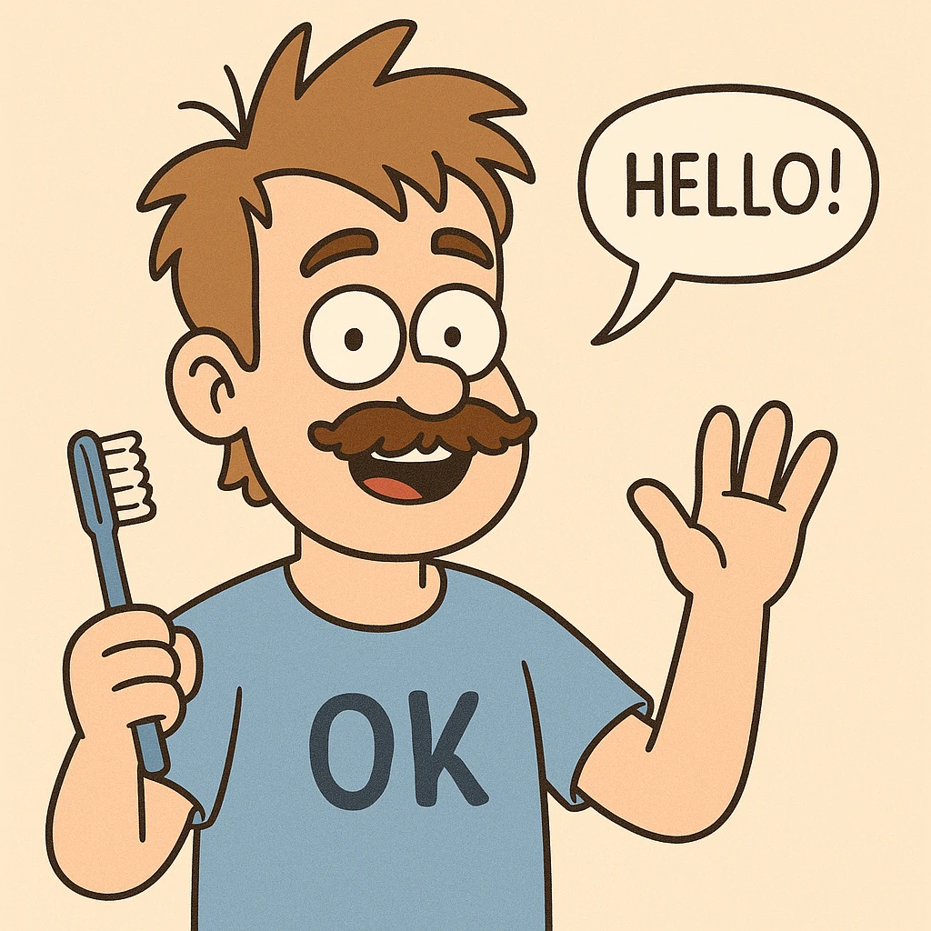 A boy brown mustache Toothbrush Bed Head hair blue ok t-shirt Ivan say hello emoji