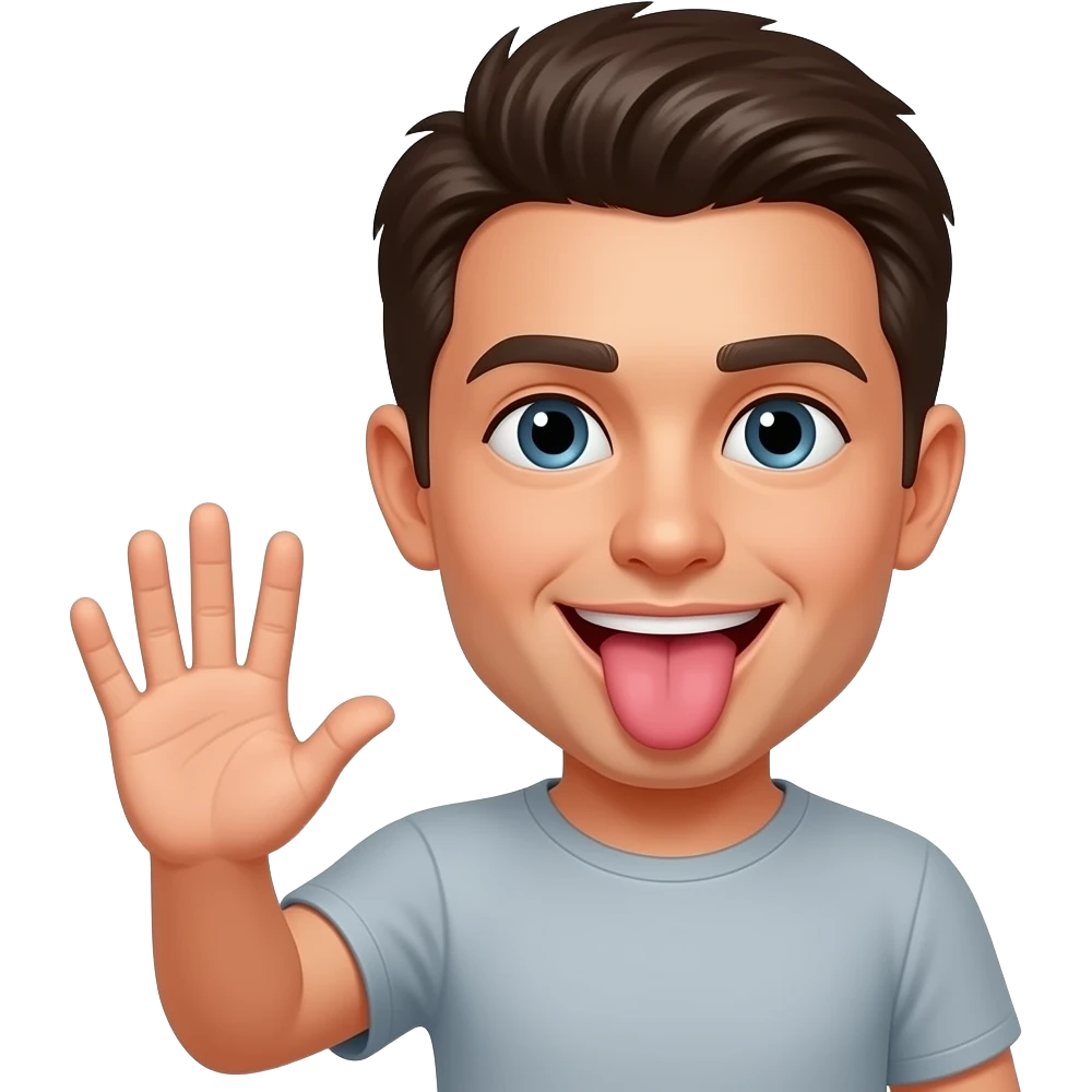 Make a emoji of the joke 6 7 make him holding the 6 7 in his palms don't show the palms make his tongue stick out emoji