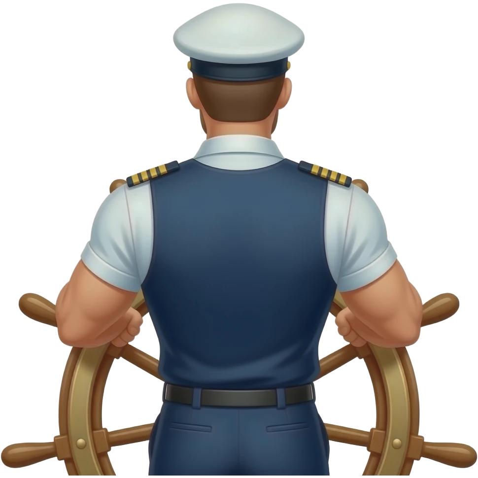 muscled captain at the helm of the boat, back view emoji
