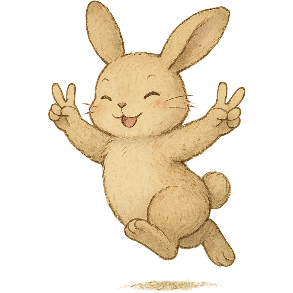 beige bunny jumping and making peace signs, soft, detailed, ghibli style emoji