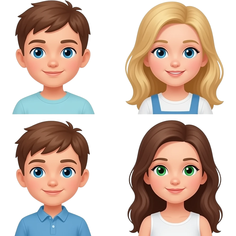 der bub ist am kleinsten. das mädchen ist mittelgroß und hat blonde haare und blaue augen. das andere mädchen ist die größte und hat grüne augen und sehr lange braune haare. emoji