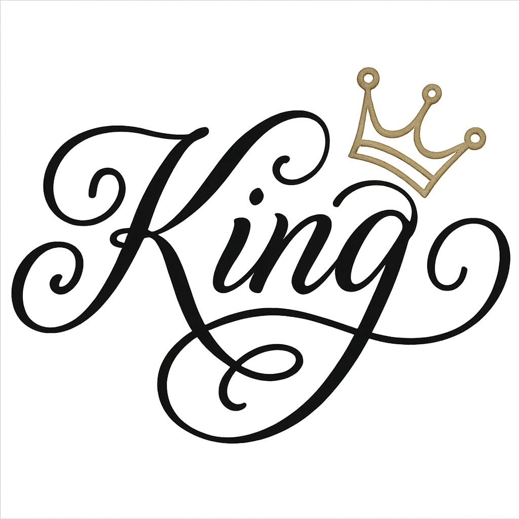 KING in Brittani font, extra cursive and decorative, elegant calligraphy, with a sideways gold crown on the G, transparent background emoji