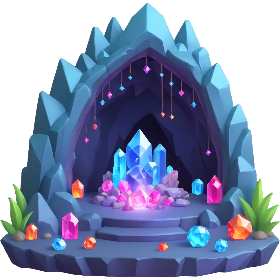 crystal cave with sparkling gems and magical runes, 3D fantasy style emoji