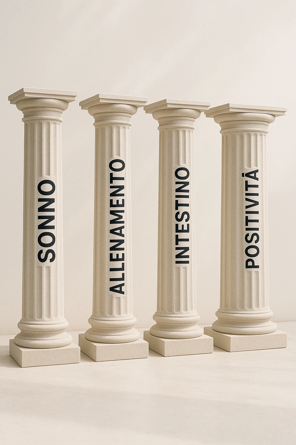 5 pilastri con le scritte "SONNO", "DIGIUNO", "ALLENAMENTO", "INTESTINO", "POSITIVITà" IMMAGINE IPERREALISTICA SFONDO CHIARO IN ITALIANO emoji