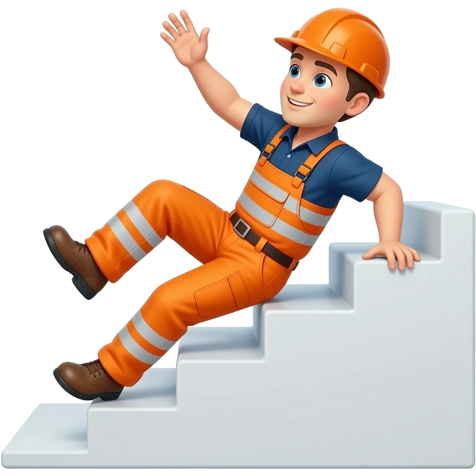 engineer in full orange hi-vis overalls falling down stairs emoji