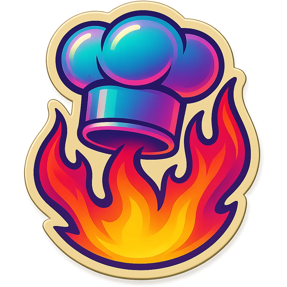 chef's hat with a trail of fire emoji, playful, synthwave colors, vibrant, matching style reference file
 emoji