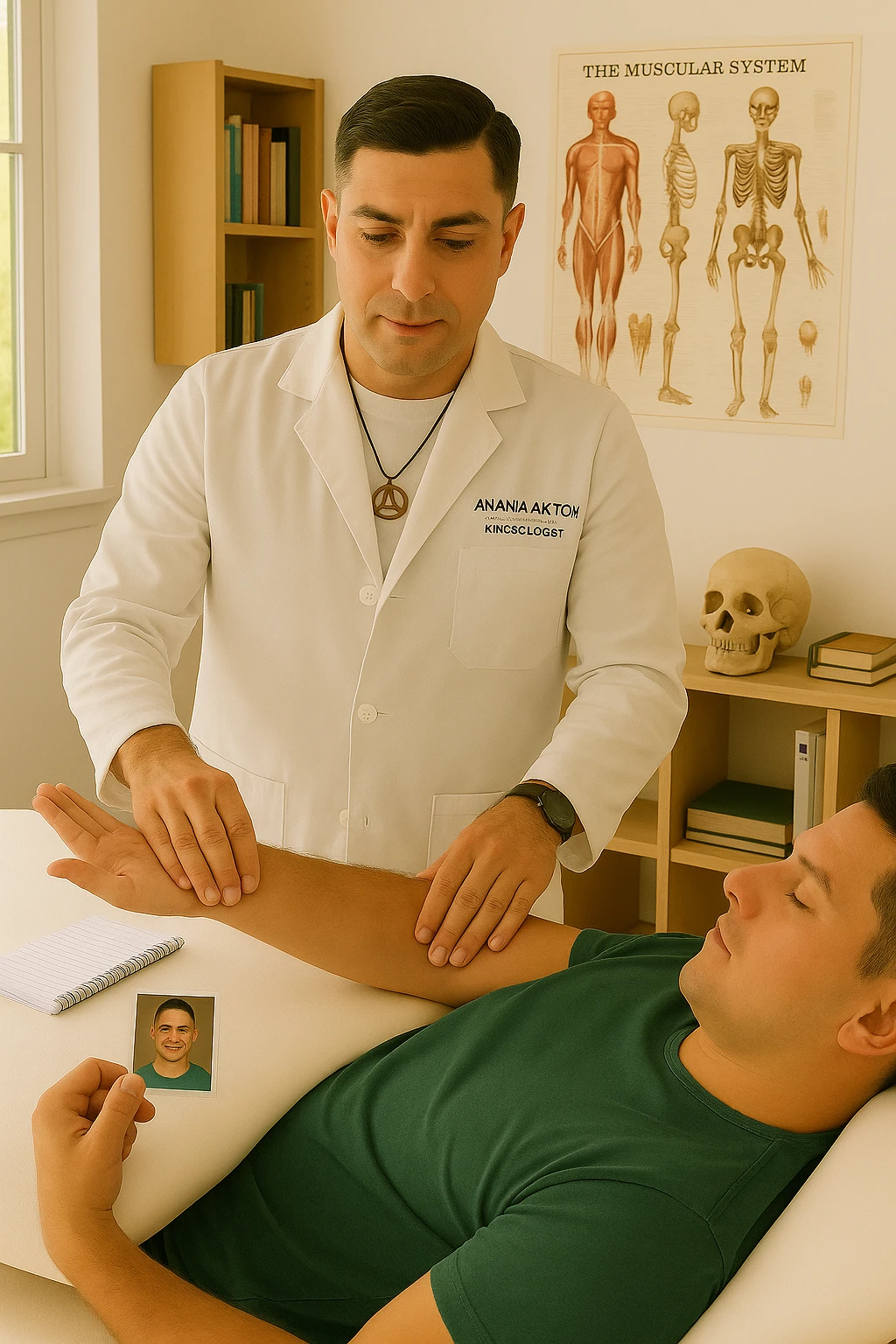 a middle-aged man, dressed in casual professional attire, is in a bright, organized therapy studio. Durante una visita di kinesiologia, il ragazzo tiene con una mano la foto di una persona lontana (il “testimone”) tiene la foto in mano, mentre con l’altra mano esegue un test muscolare su un cliente presente senza foto lui non tiene la foto. Sullo sfondo si vedono libri di kinesiologia, poster anatomici e strumenti tipici della disciplina. L’atmosfera è concentrata e serena, con luce naturale che entra dalla finestra, sottolineando l’aspetto alternativo e umano della pratica. emoji