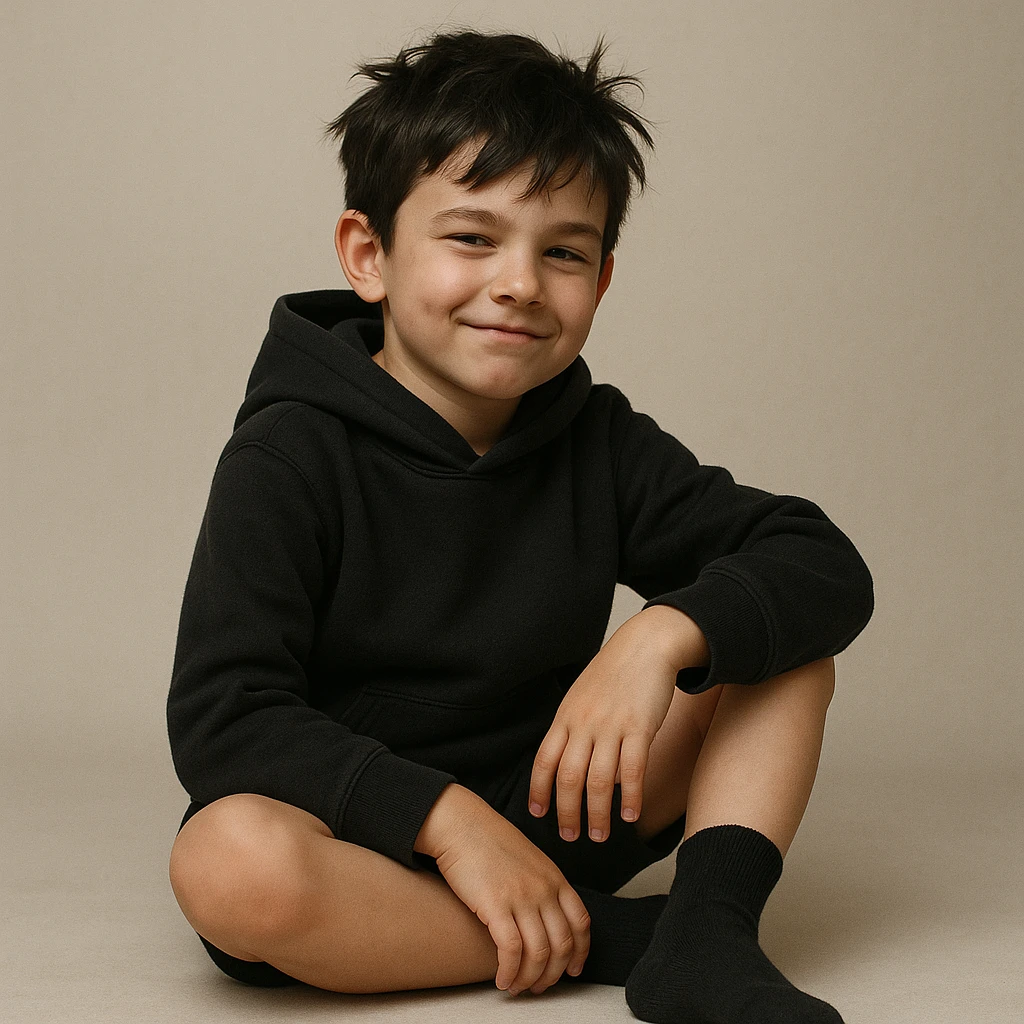 boy kid sitting in a ring sitting pose, wearing a black hoodie with hood off, smirking expression, black messy hair, black shorts, black crew socks, no shoes, only wearing black hoodie, black shorts, and black crew socks emoji