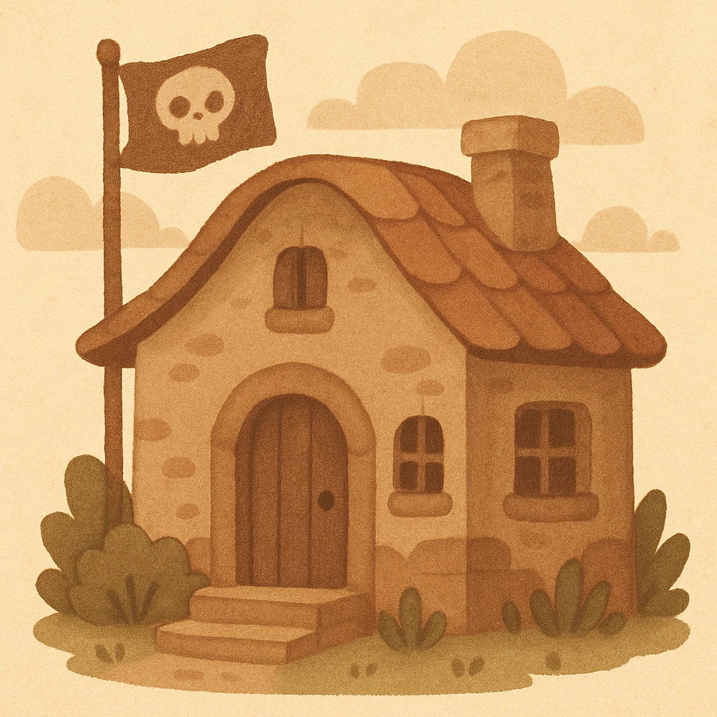 old pirate's house with skull flag emoji
