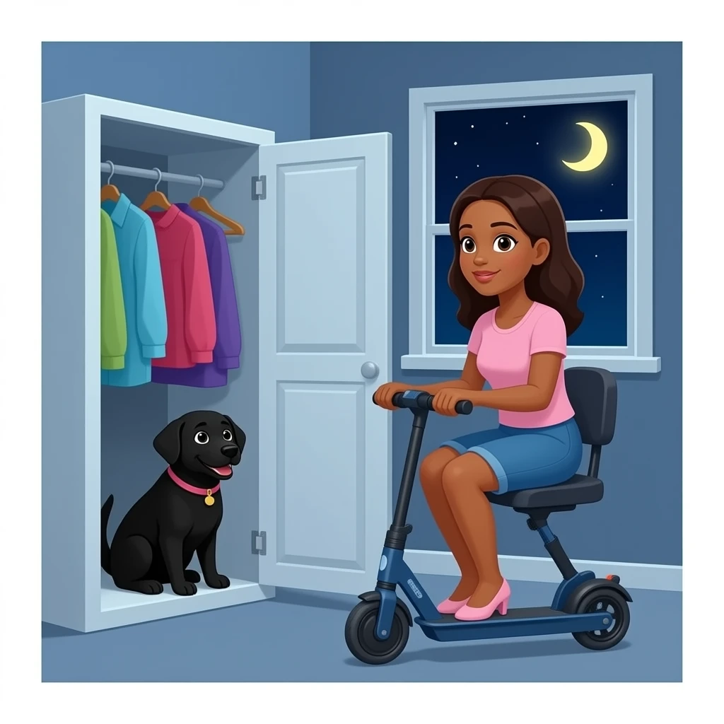 Black lab hiding in closet with black skinned female owner on mobility scooter emoji