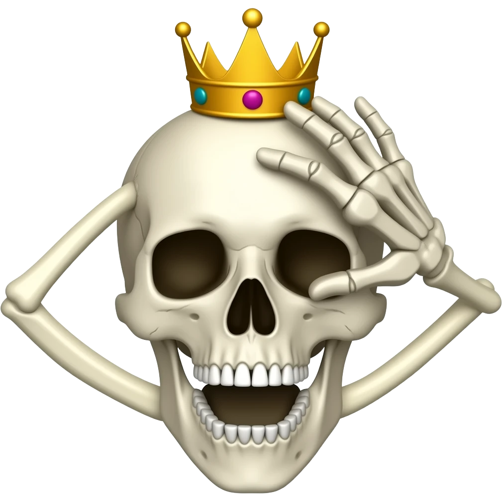 A skull with a crown and hand on the head and mouth open like shock emoji