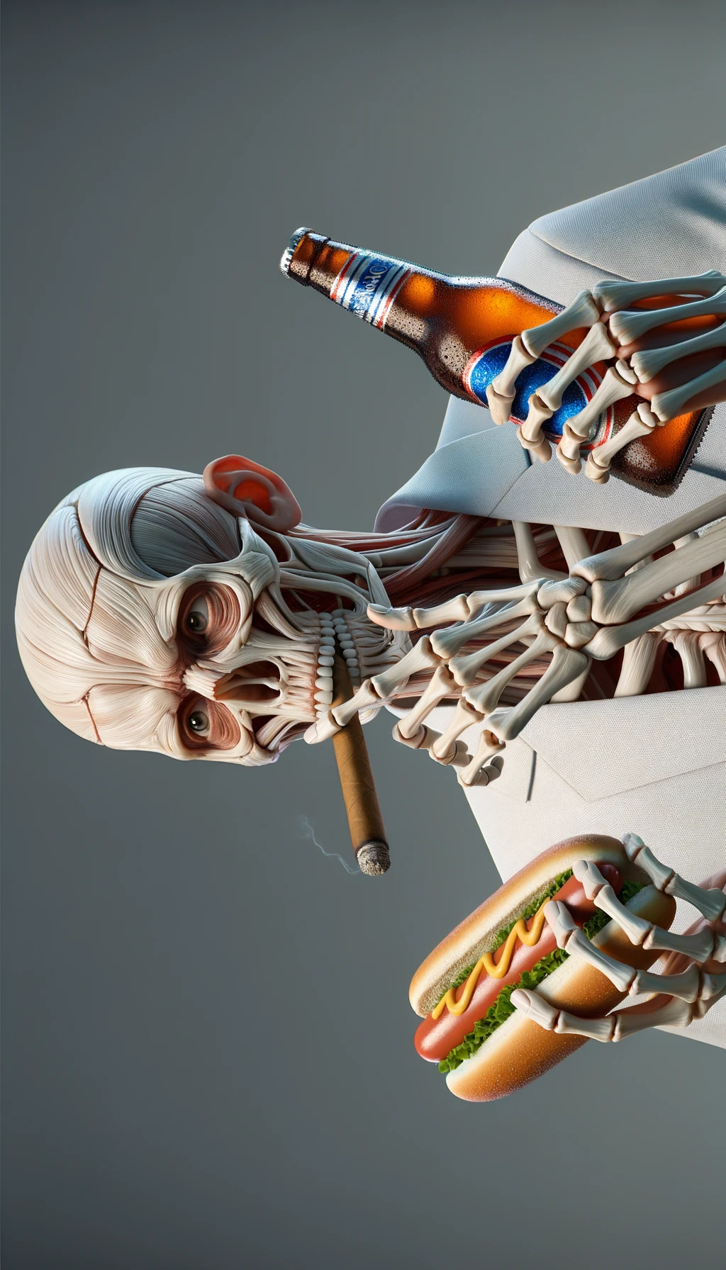 CORPO UMANO ANATOMICO TIENE UNA SIGARETTA IN BOCCA E STA FUMANDO MENTRE TIENE TRA LE BRACCIA UNA BIRRA E WURSTEL CONFEZIONATI, LI GUARDA CON ESPRESSIONE INDECISA IN VOLTO, NEUTRAL CLEAR BACKGROUND, iperrealistico 4k emoji