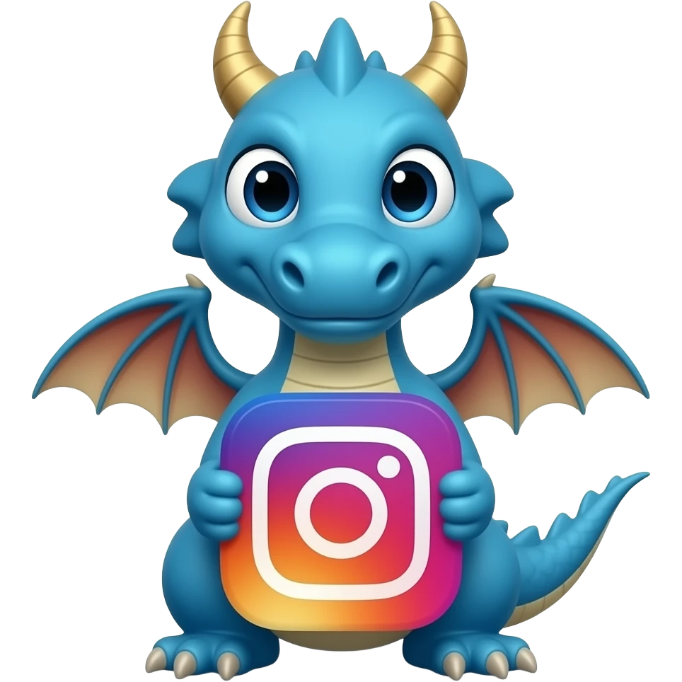 Blue dragon front looking  holding instagram logo emoji