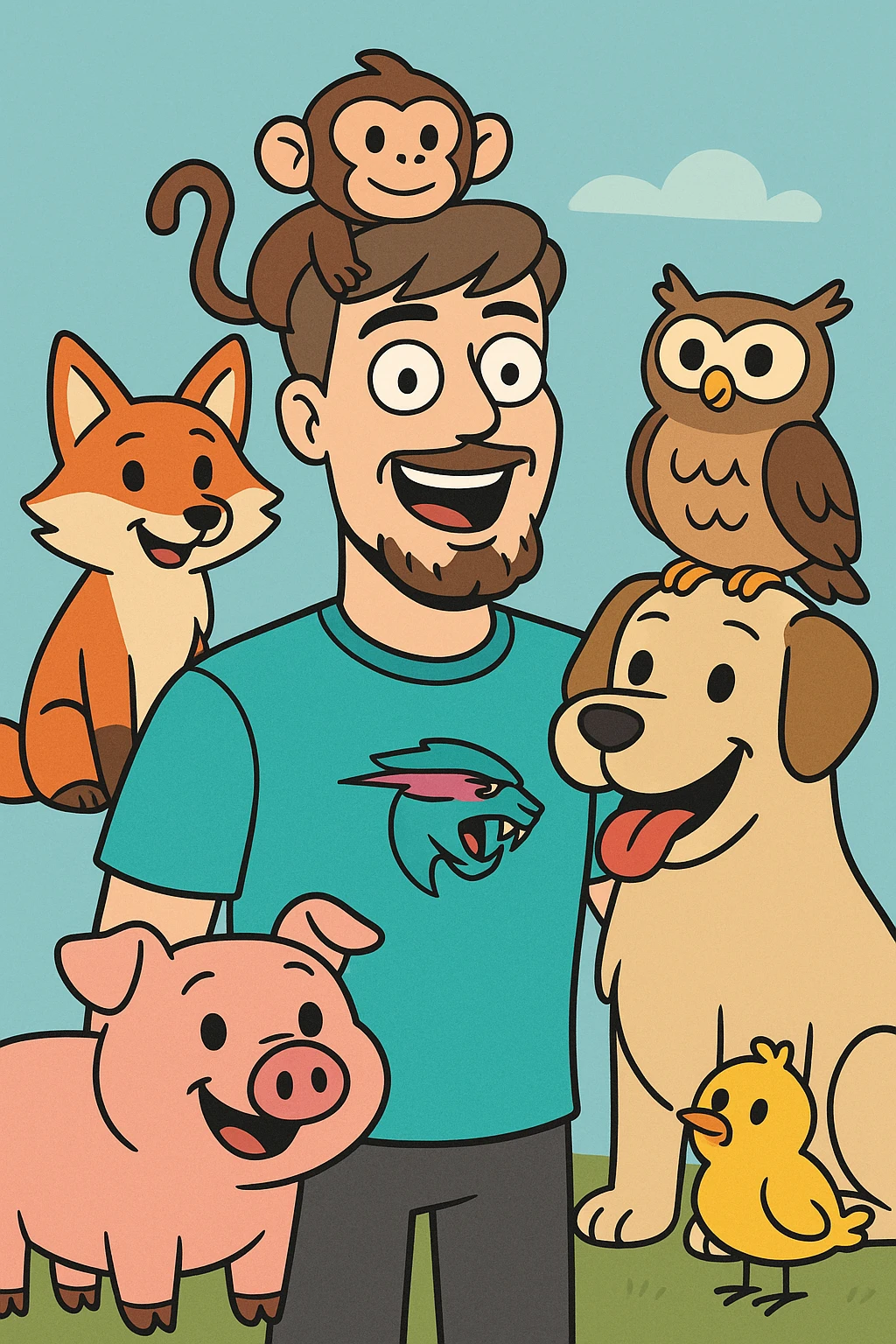 MrBeast with animal friends, surrounded by cartoon animals, friendly and fun, bright colors emoji