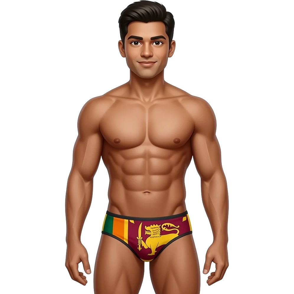 full body sri lankan young male standing with muscular build in thong with sri lanka flag theme emoji