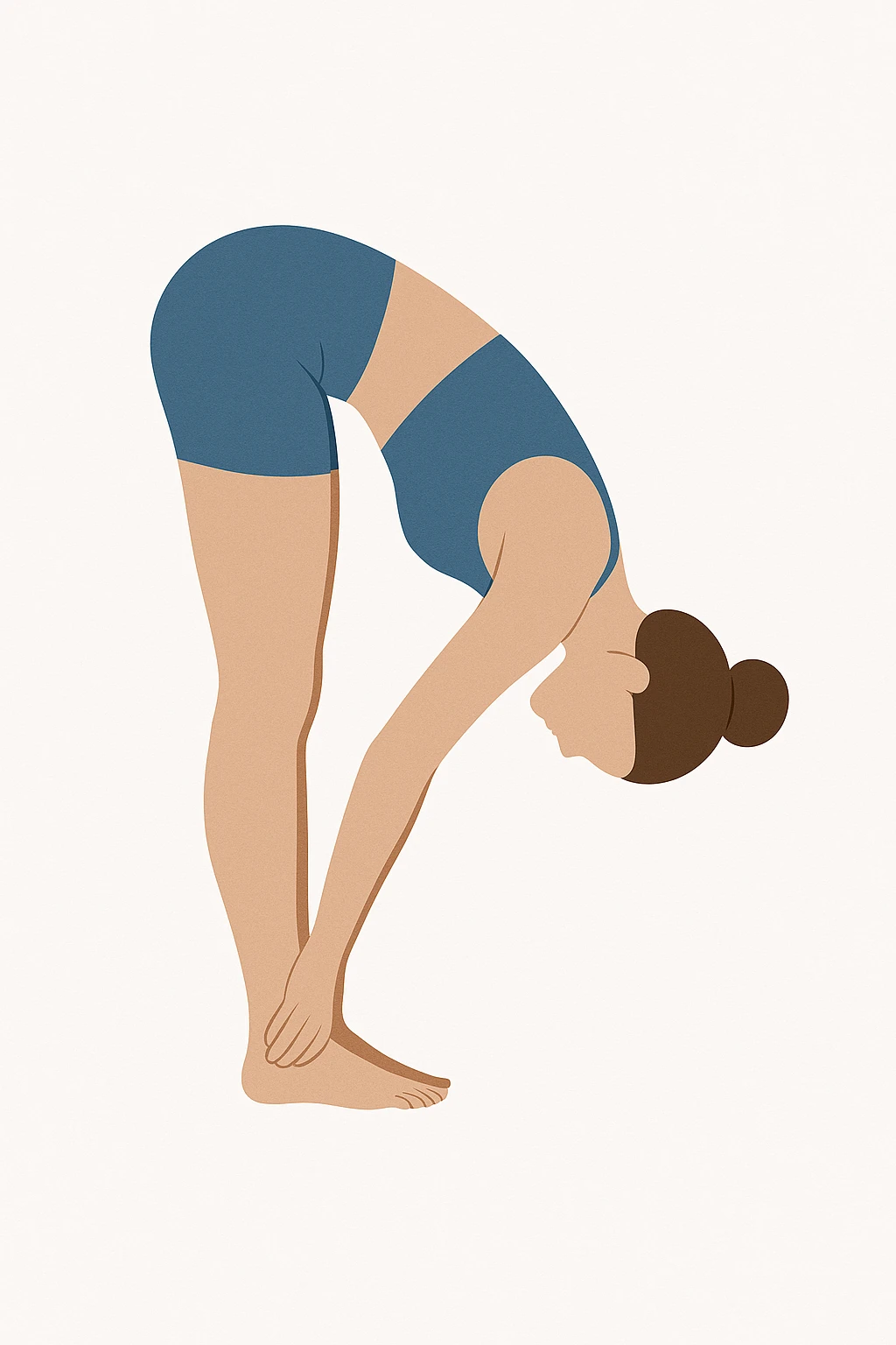 "Minimalist flat vector illustration of a woman doing yoga in forward fold pose (Uttanasana), wearing sportswear (blue top and blue shorts), brown hair in a bun, clean white background, no face details, elegant style" emoji