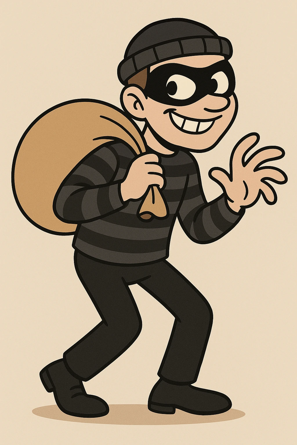 classic burglar with black eye mask, black stripes, and a mischievous grin, cartoon style emoji