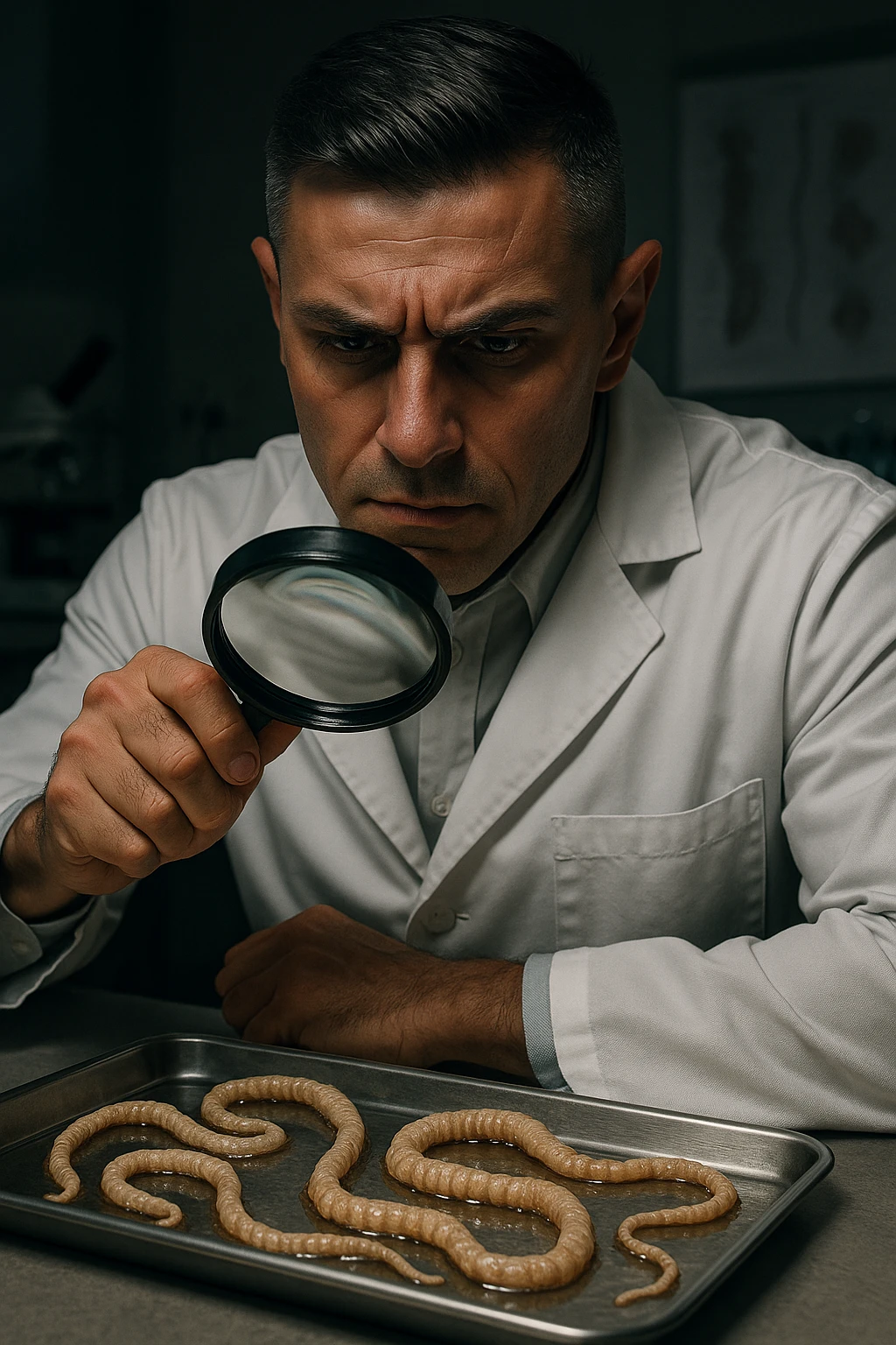 A middle-aged male kinesiologist wearing a pristine white lab coat, intensely analyzing long, beige tapeworms (like Taenia) under a magnifying glass. His expression is focused and slightly concerned, with dramatic studio lighting casting sharp shadows. The parasites are highly detailed, moist, and textured, stretched across a sterile metal tray. The background is blurred but suggests a clinical environment—hints of a microscope, medical charts, and clean lab equipment. The style is hyper-realistic, with a cinematic contrast between the bright white coat and the grotesque, organic forms of the parasites. No sci-fi elements, just raw medical realism with a disturbing edge emoji